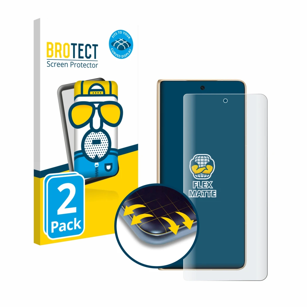 Front side of a product packaging with the brand logo BROTECT. Next to it is the device Honor Magic V5 shown with the correspo