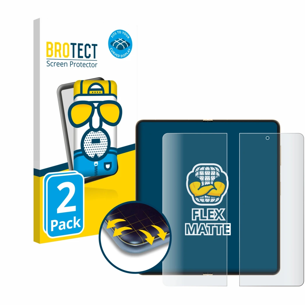 Front side of a product packaging with the brand logo BROTECT. Next to it is the device Honor Magic V5 (Inner display) shown w