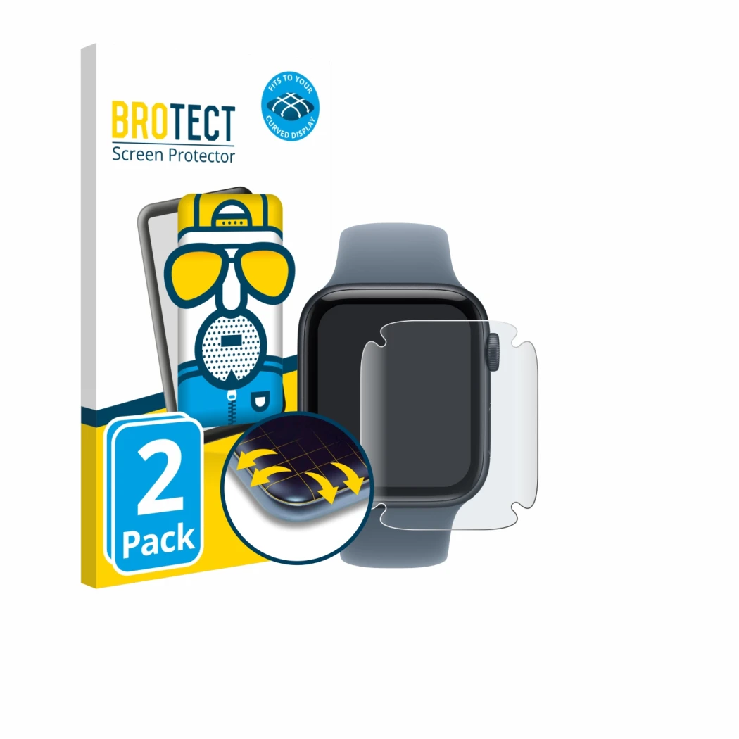 Front side of a product packaging with the brand logo BROTECT. Next to it is the device Apple Watch SE 3 (44 mm) shown with th