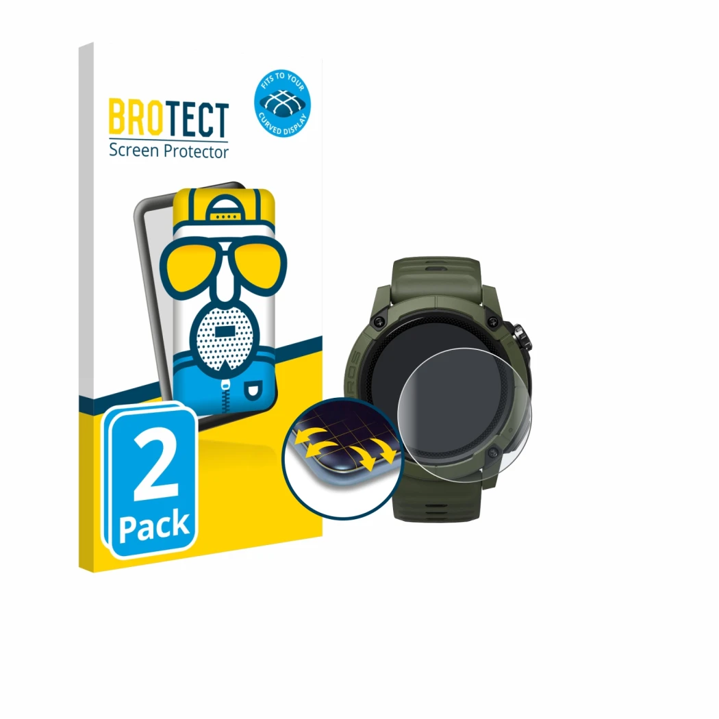 Front side of a product packaging with the brand logo BROTECT. Next to it is the device Coros NOMAD shown with the correspondi