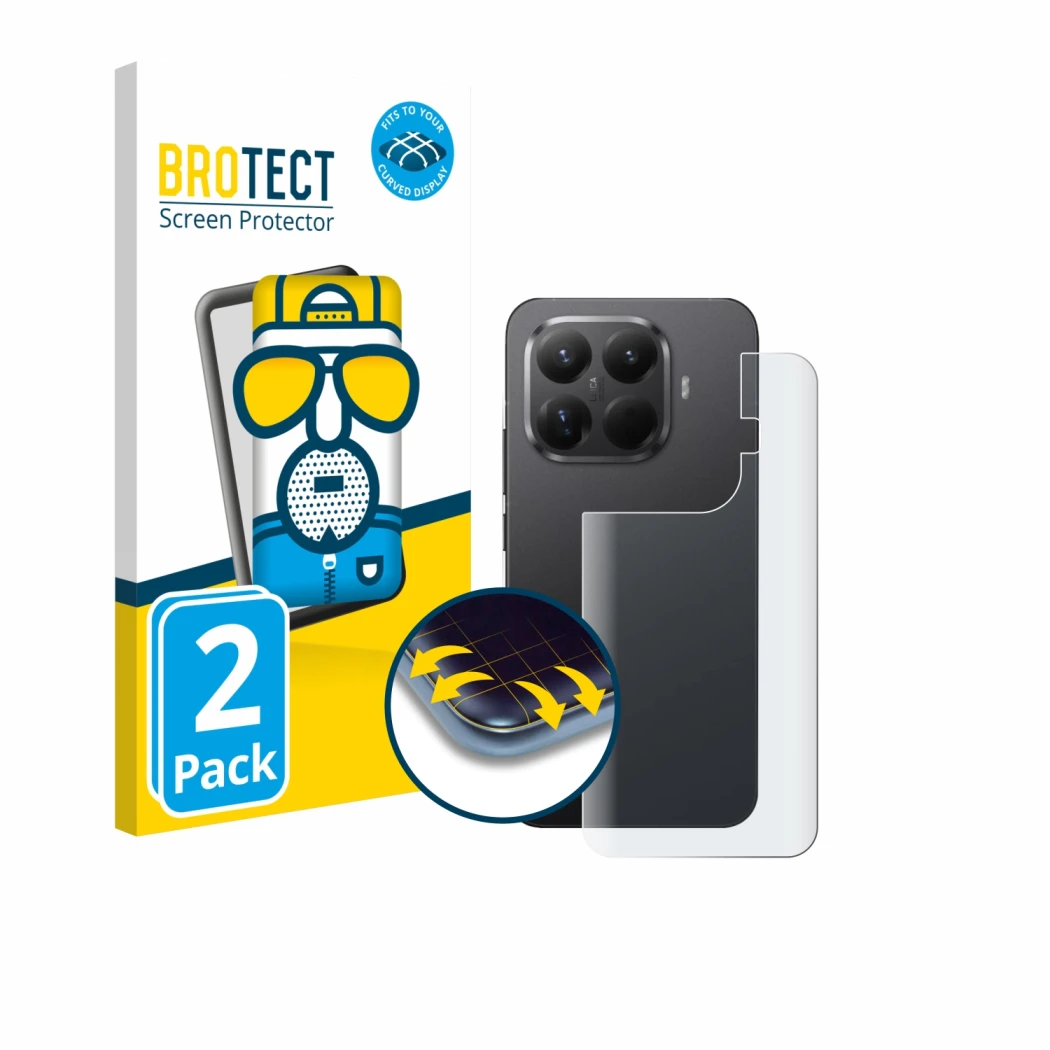 Front side of a product packaging with the brand logo BROTECT. Next to it is the device Xiaomi 15T Pro (Back) shown with the c