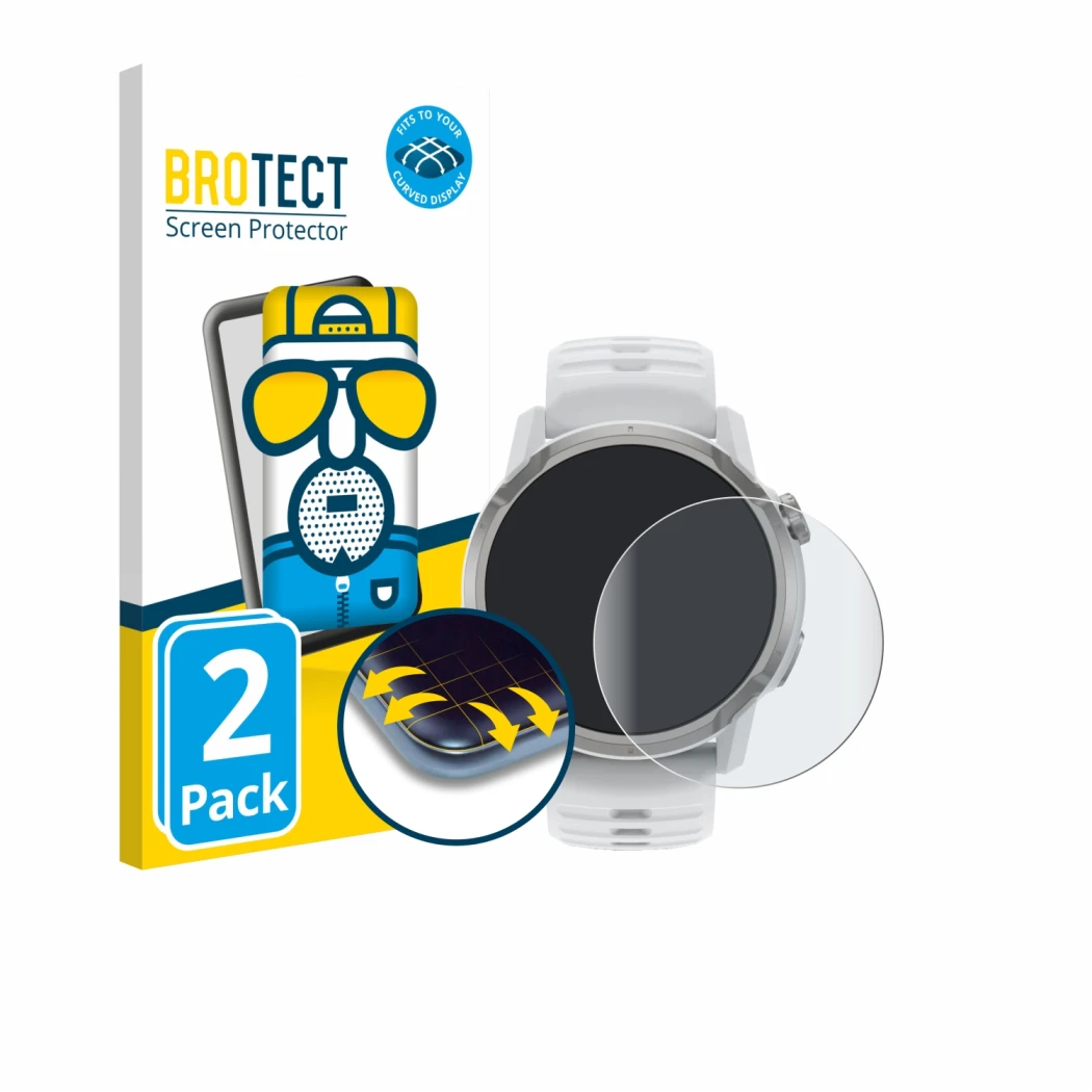 Front side of a product packaging with the brand logo BROTECT. Next to it is the device Coros Apex 4 (46 mm) shown with the co