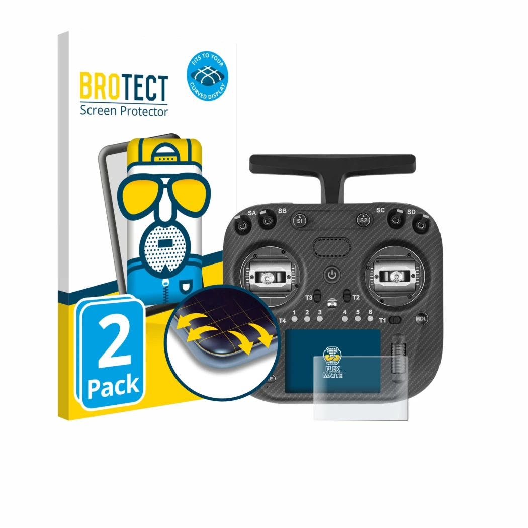 Front side of a product packaging with the brand logo BROTECT. Next to it is the device Radiomaster TX15 Max shown with the co