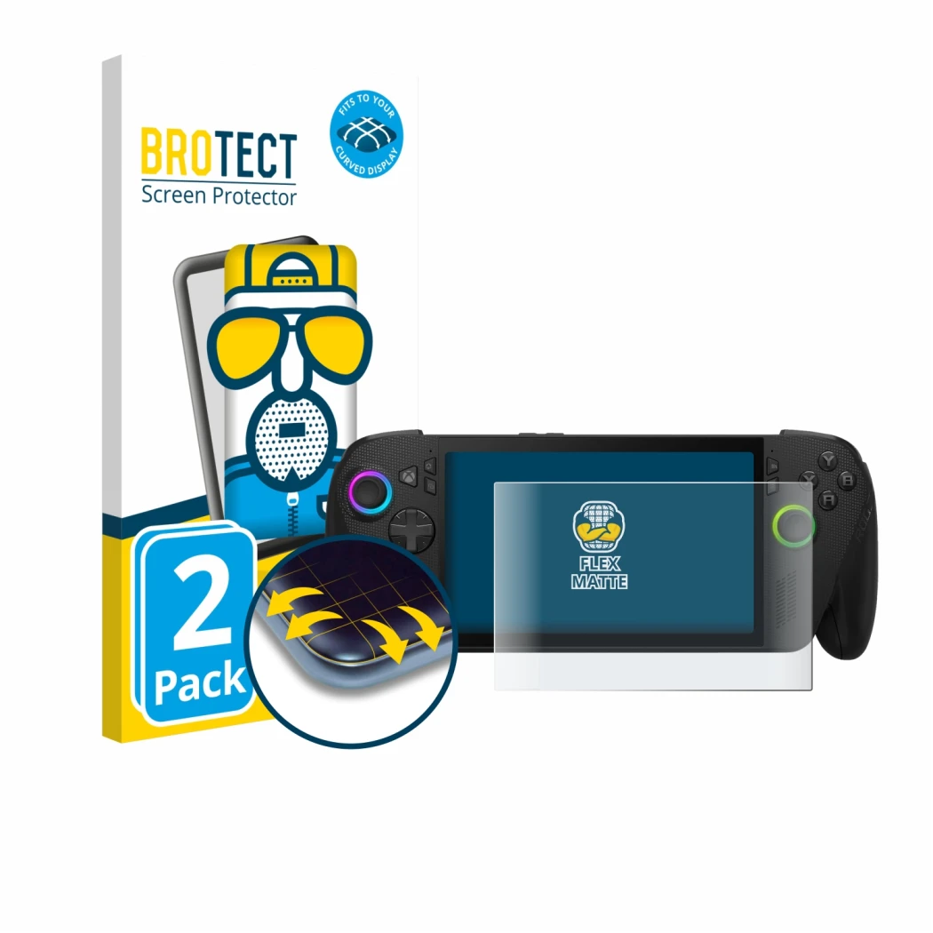 Front side of a product packaging with the brand logo BROTECT. Next to it is the device ASUS ROG Xbox Ally X shown with the co