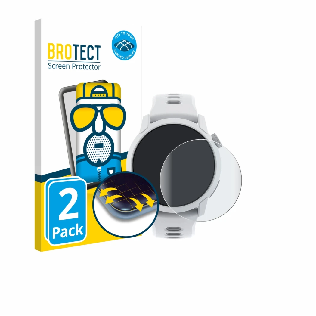 Front side of a product packaging with the brand logo BROTECT. Next to it is the device Coros Pace 4 shown with the correspond