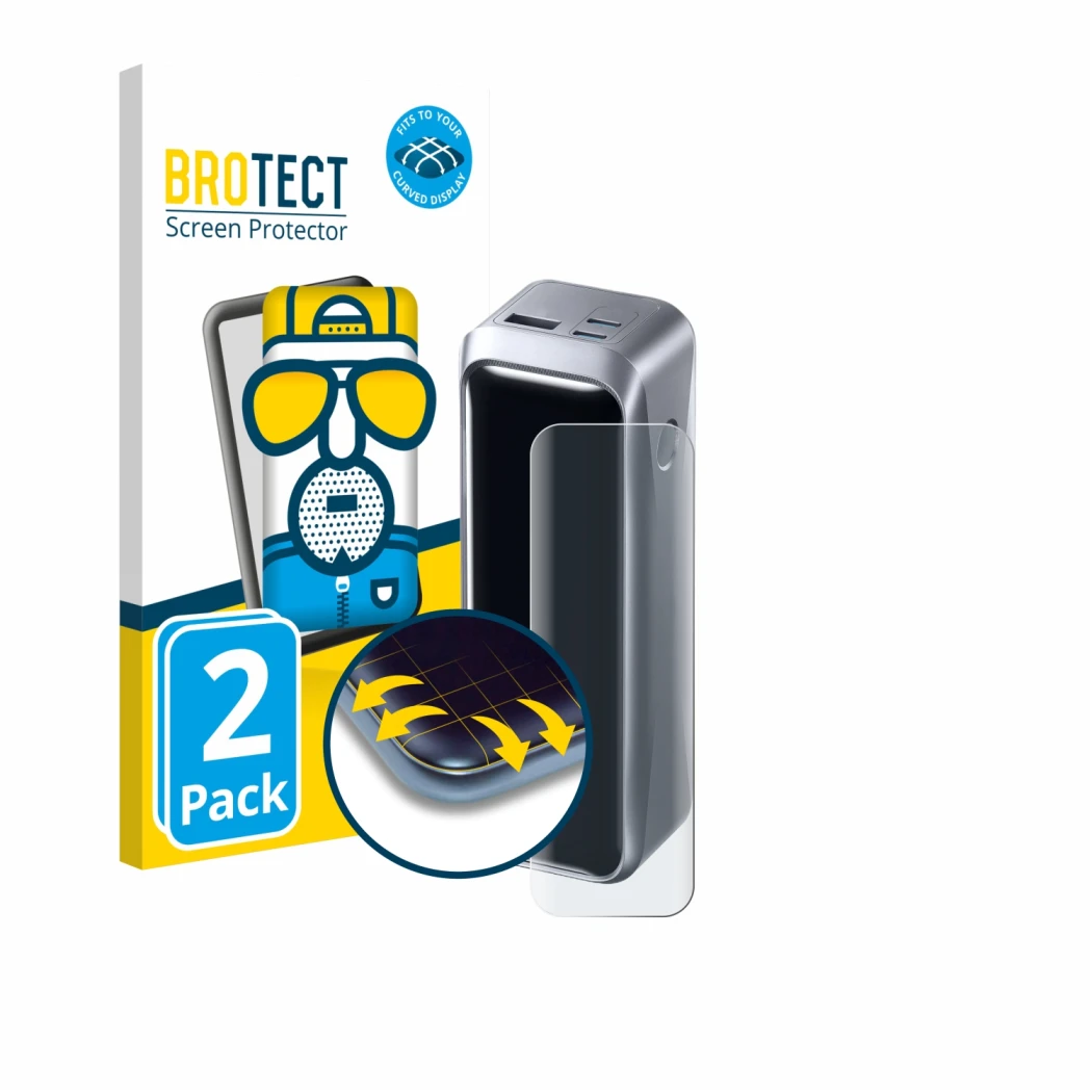 Front side of a product packaging with the brand logo BROTECT. Next to it is the device Anker Prime 220 W shown with the corre