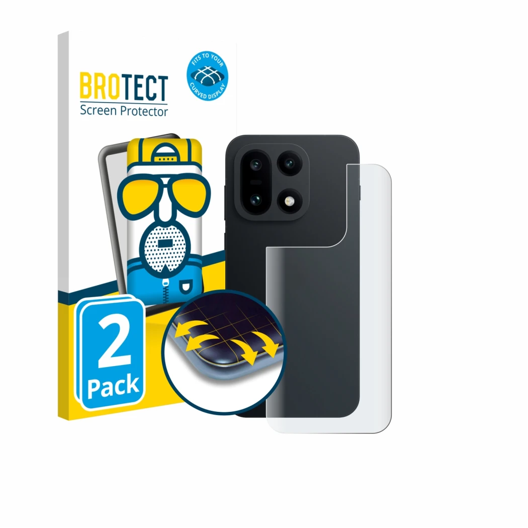 Front side of a product packaging with the brand logo BROTECT. Next to it is the device OnePlus 15 (Back) shown with the corre