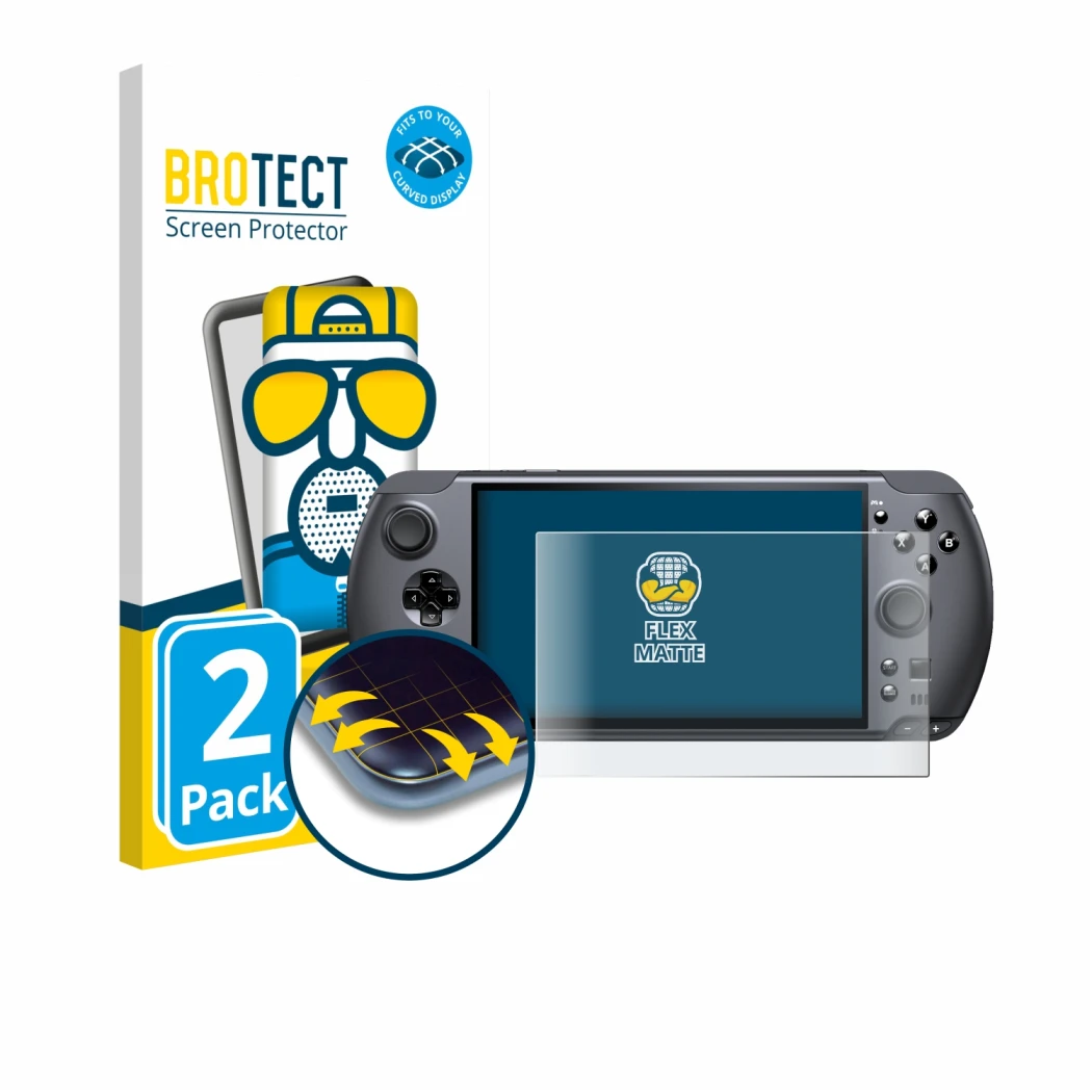 Front side of a product packaging with the brand logo BROTECT. Next to it is the device GPD Win 5 shown with the corresponding