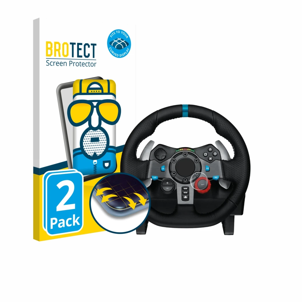 Front side of a product packaging with the brand logo BROTECT. Next to it is the device Logitech G29 Driving Force Gaming Raci