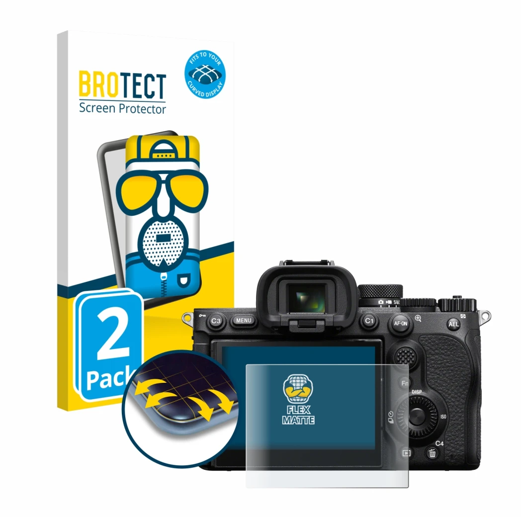 Front side of a product packaging with the brand logo BROTECT. Next to it is the device Sony Alpha 7 V (ILCE-7M5) shown with t