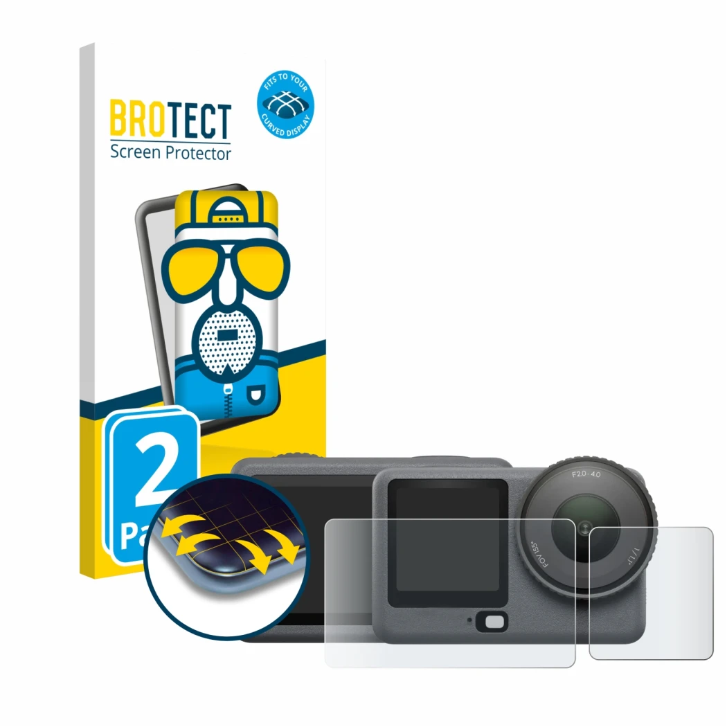 Front side of a product packaging with the brand logo BROTECT. Next to it is the device DJI Osmo Action 6 shown with the corre