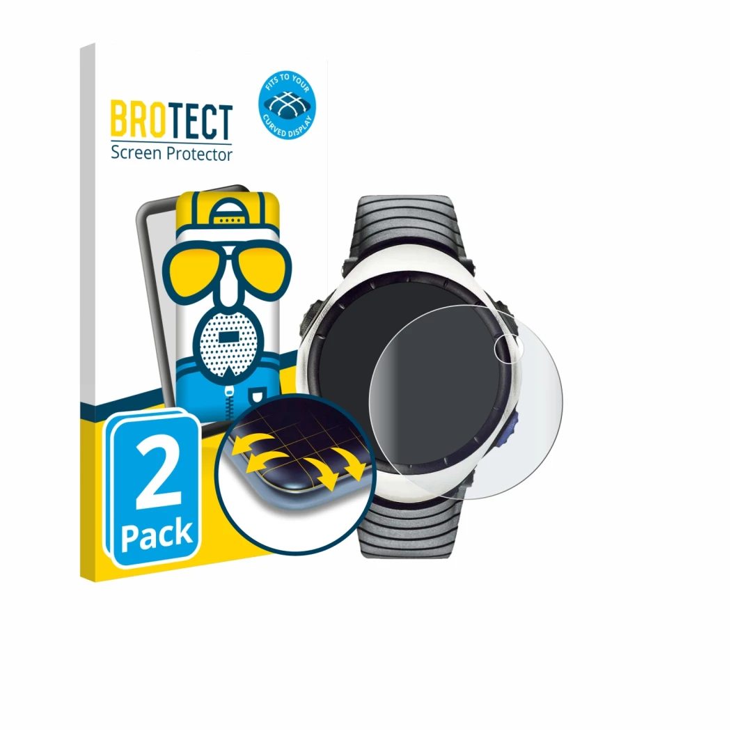 Front side of a product packaging with the brand logo BROTECT. Next to it is the device Suunto Regatta shown with the correspo