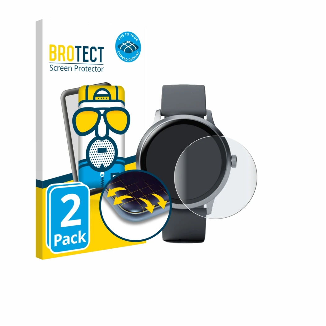 Front side of a product packaging with the brand logo BROTECT. Next to it is the device Pebble Round 2 shown with the correspo