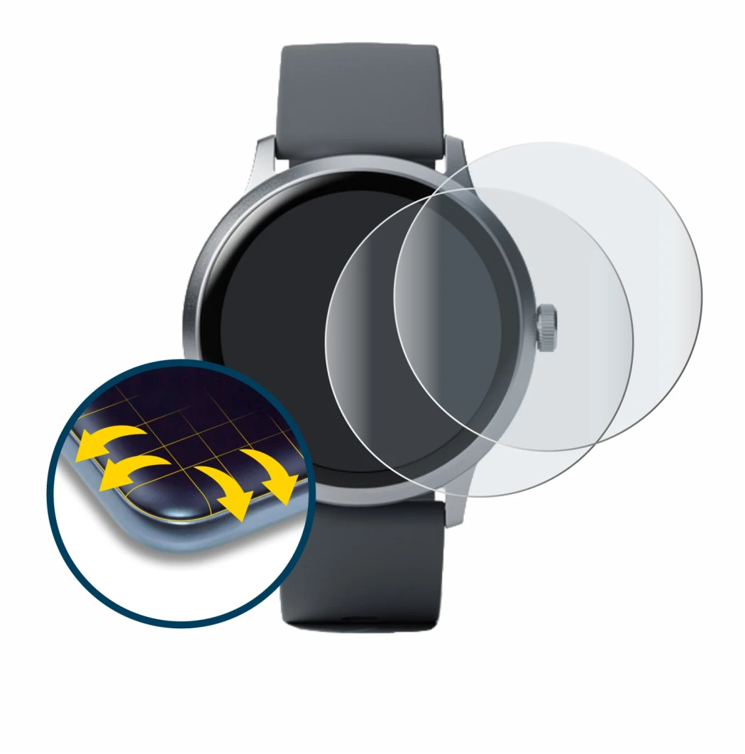 Image of the device Pebble Round 2 with a wide variety of screen protectors.