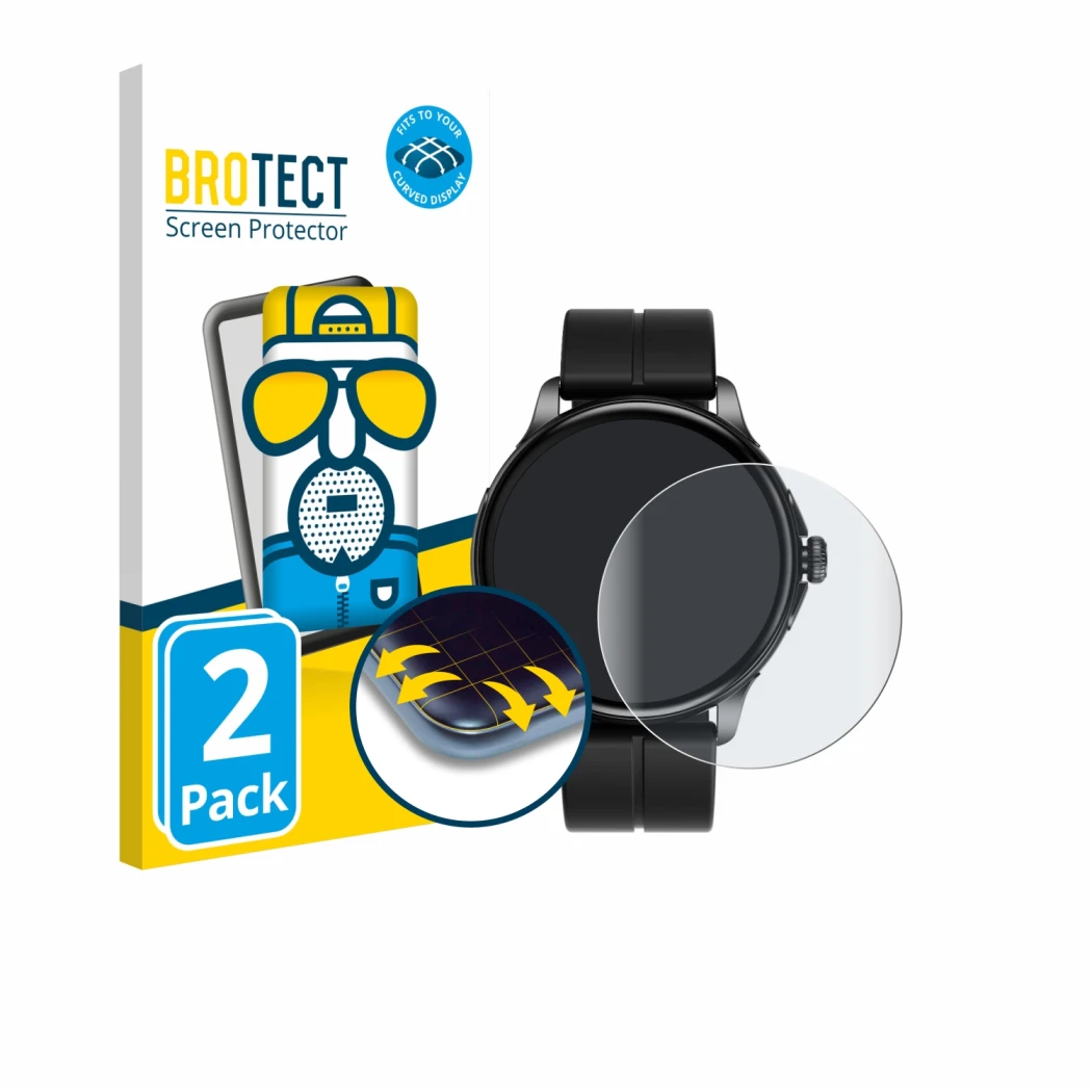 Front side of a product packaging with the brand logo BROTECT. Next to it is the device HMD Watch X1 shown with the correspond