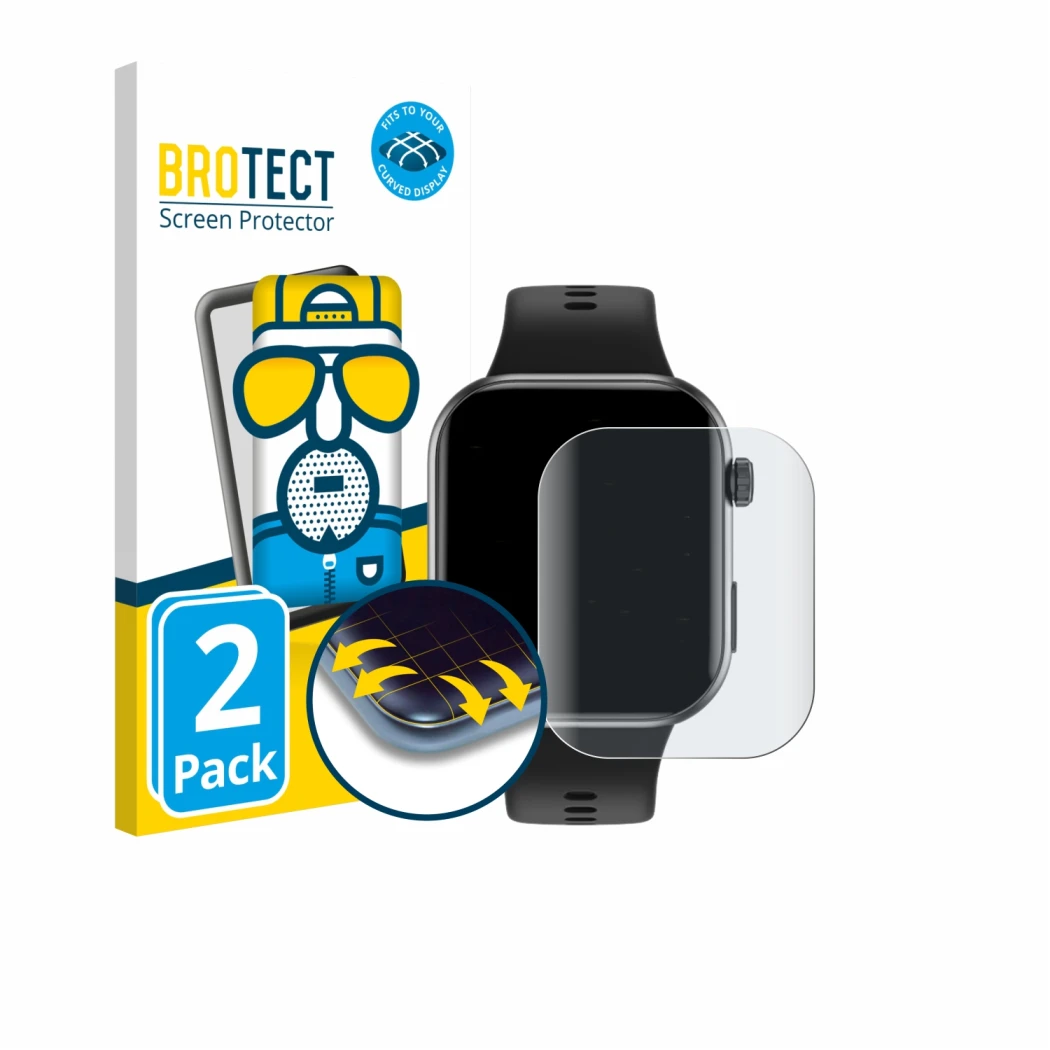 Front side of a product packaging with the brand logo BROTECT. Next to it is the device Honor Choice InFoWear Watch 2i shown w