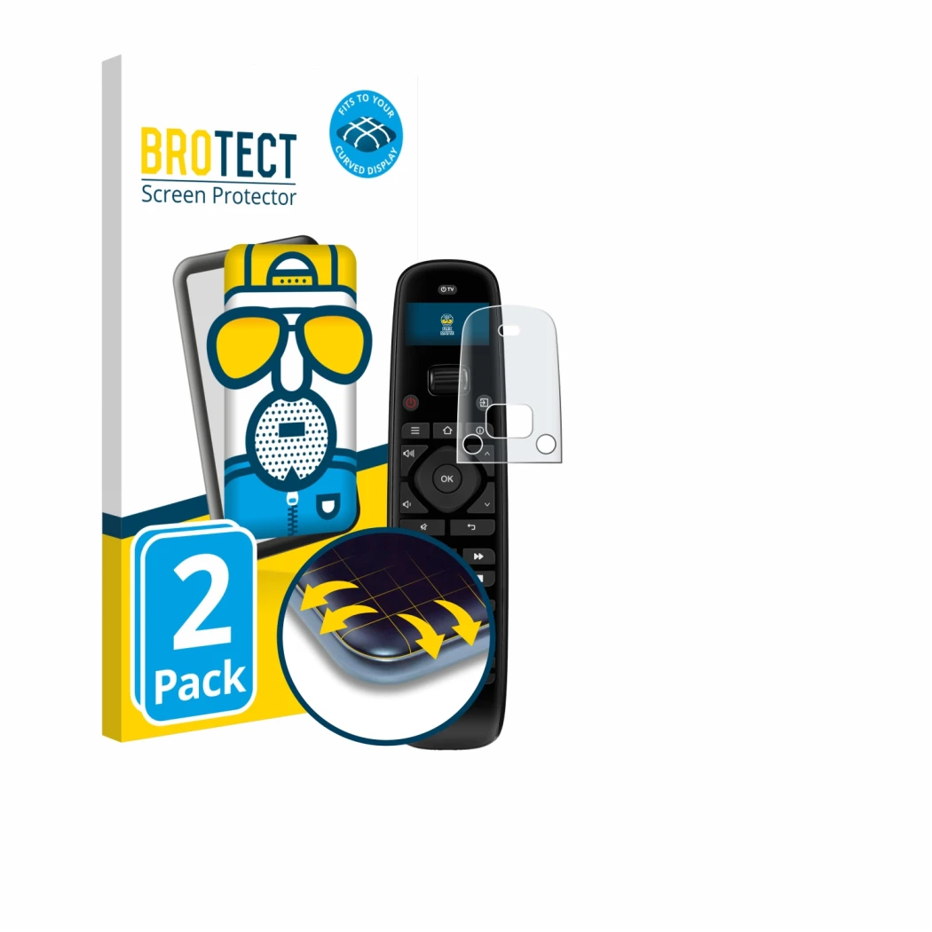 Front side of a product packaging with the brand logo BROTECT. Next to it is the device Sofabaton U2 shown with the correspond