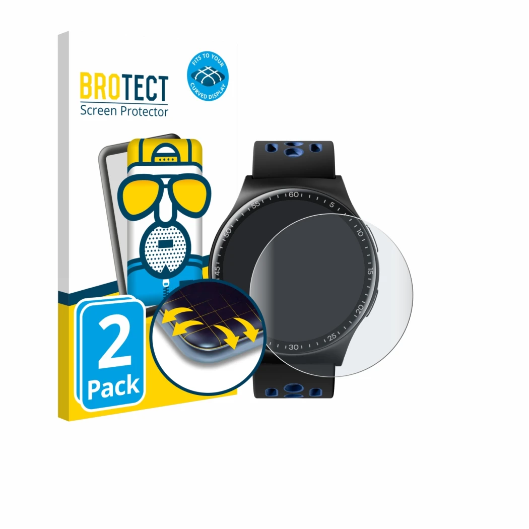Front side of a product packaging with the brand logo BROTECT. Next to it is the device Reebok Pulse Smartwatch shown with the