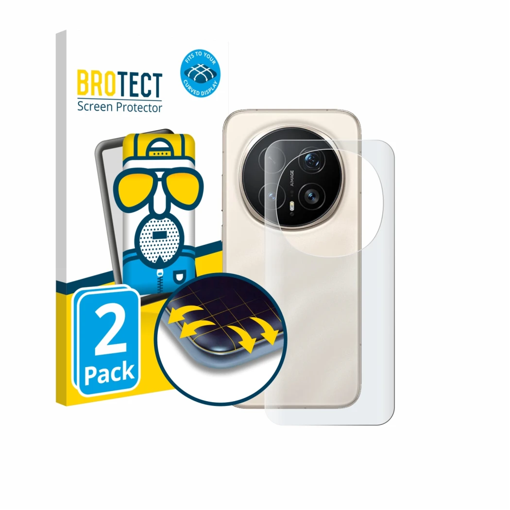 Front side of a product packaging with the brand logo BROTECT. Next to it is the device Honor Magic 8 Pro (Back) shown with th