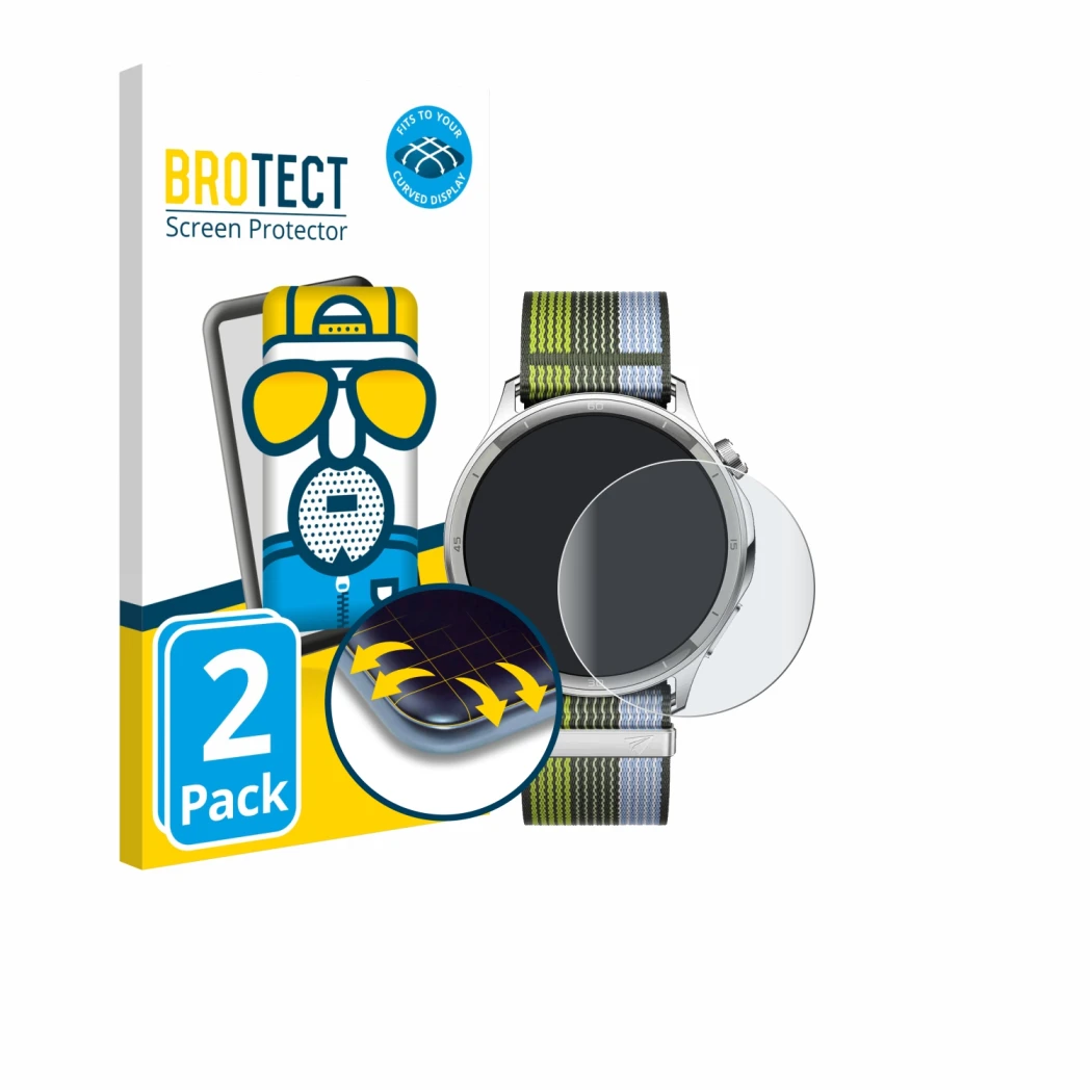 Front side of a product packaging with the brand logo BROTECT. Next to it is the device Oppo Watch S shown with the correspond