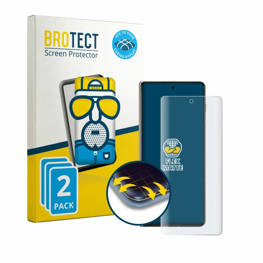Front side of a product packaging with the brand logo BROTECT. Next to it is the device Motorola Razr Fold shown with the corr