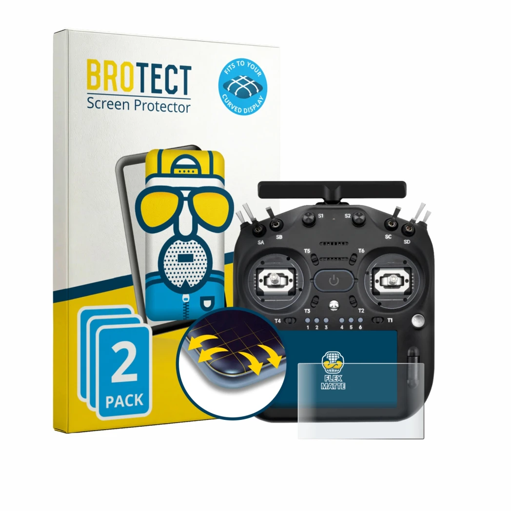 Front side of a product packaging with the brand logo BROTECT. Next to it is the device Radiomaster TX16S MK3 shown with the c