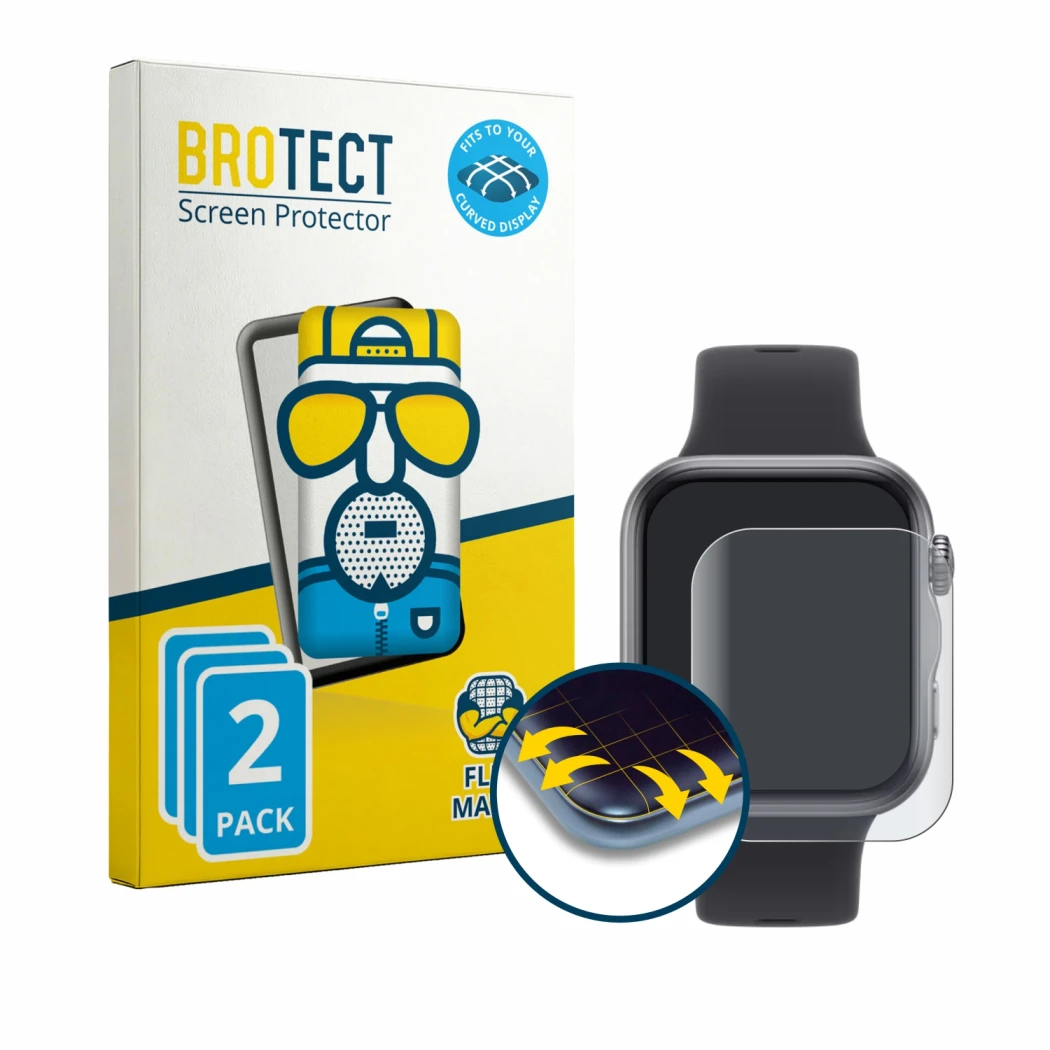 Front side of a product packaging with the brand logo BROTECT. Next to it is the device Huawei Watch Fit 5 shown with the corr