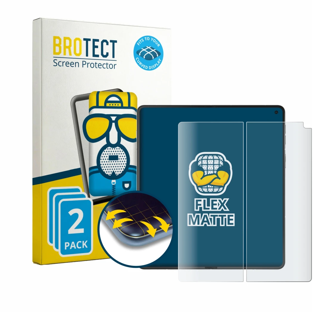 Front side of a product packaging with the brand logo BROTECT. Next to it is the device Motorola Razr Fold (Inner display) sho