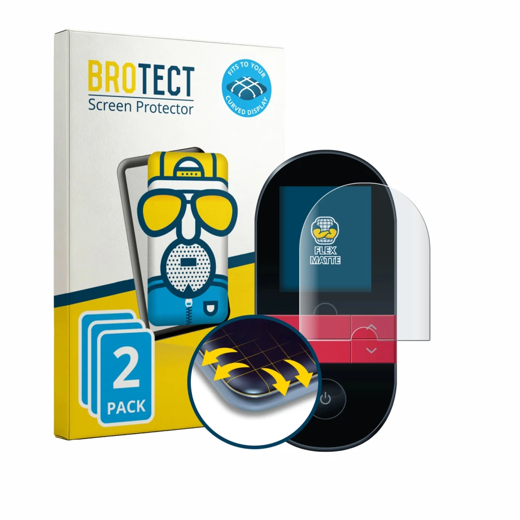 Front side of a product packaging with the brand logo BROTECT. Next to it is the device Beurer EM 59 shown with the correspond