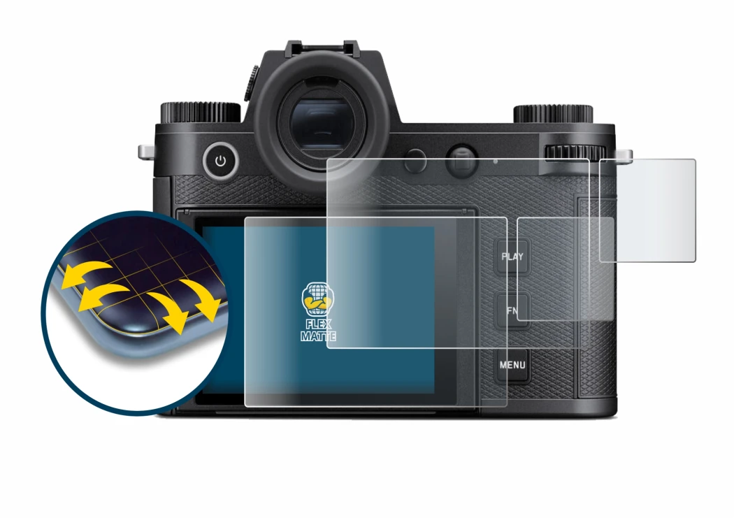 Image of the device Leica SL3-P (Display + top plate display) with a wide variety of screen protectors.