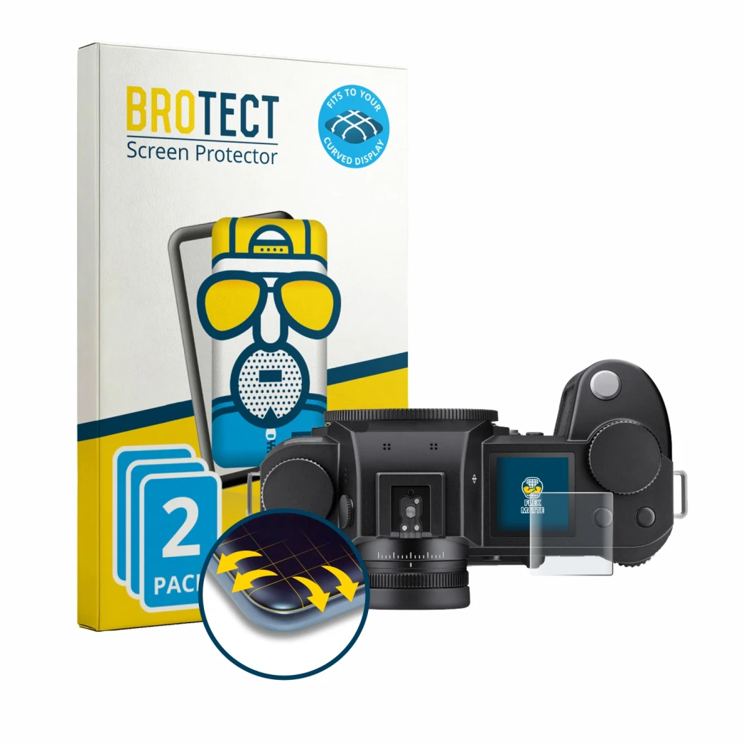 Front side of a product packaging with the brand logo BROTECT. Next to it is the device Leica SL3-P (top plate display) shown