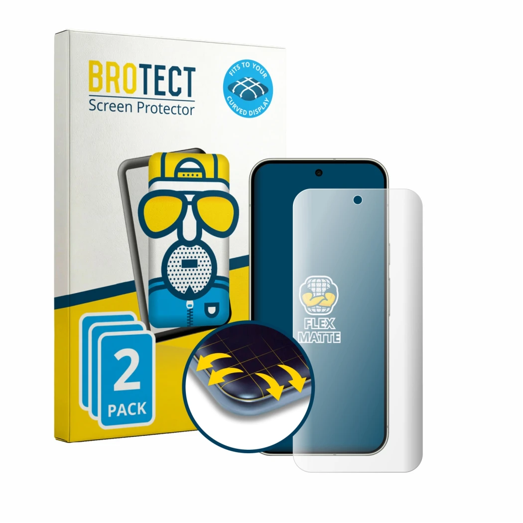 Front side of a product packaging with the brand logo BROTECT. Next to it is the device Google Pixel 11 Pro XL shown with the