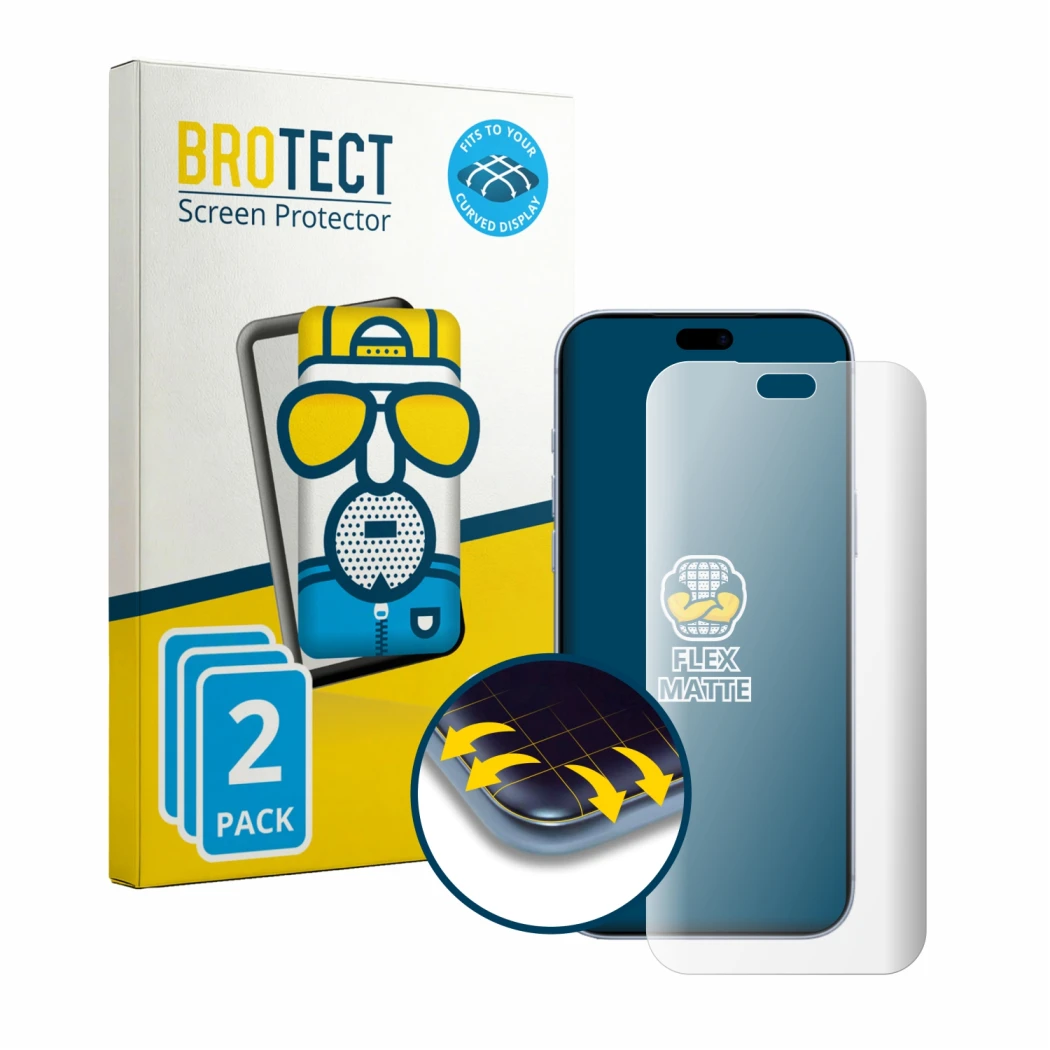 Front side of a product packaging with the brand logo BROTECT. Next to it is the device Apple iPhone 18 Pro Max shown with the