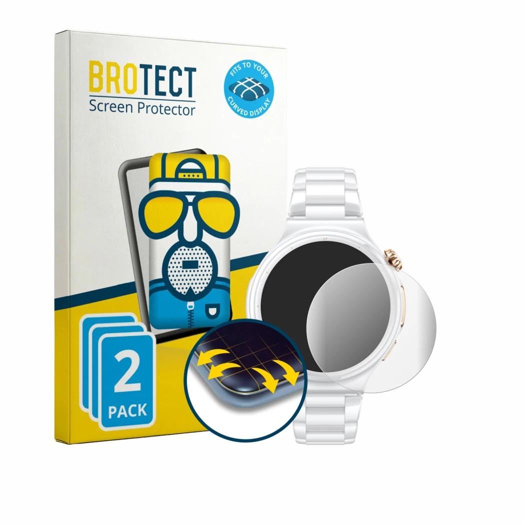 Front side of a product packaging with the brand logo BROTECT. Next to it is the device Huawei Watch 6 Pro 43 mm shown with th