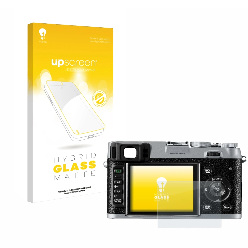 Front side of a product packaging with the brand logo upscreen. Next to it is the device Fujifilm FinePix X100 shown with the 