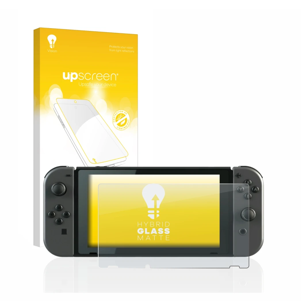 Front side of a product packaging with the brand logo upscreen. Next to it is the device Nintendo Switch shown with the corres