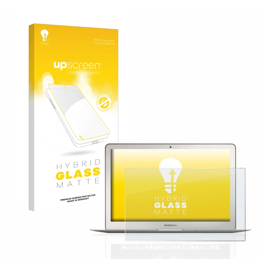 Front side of a product packaging with the brand logo upscreen. Next to it is the device Apple MacBook Air 13