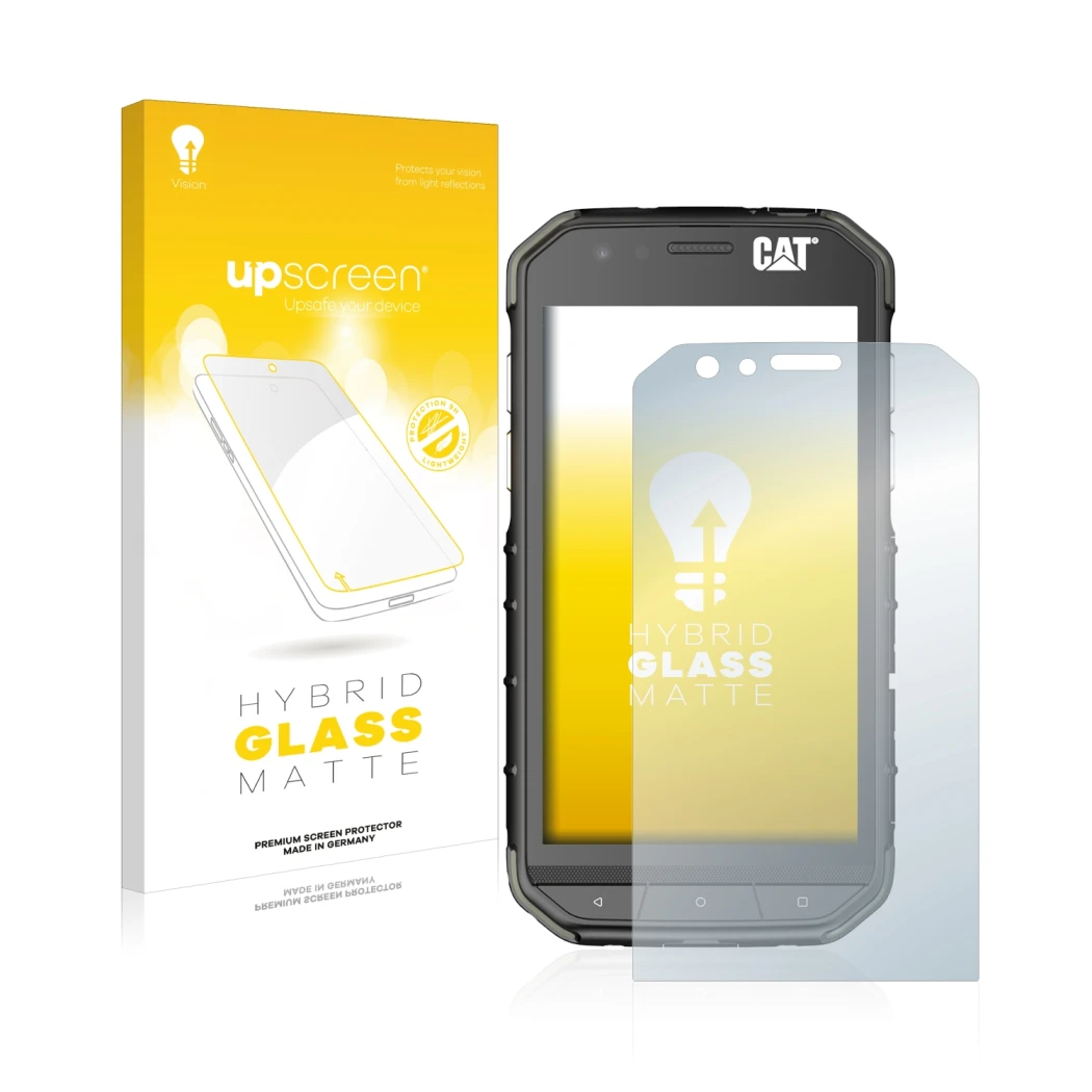 Front side of a product packaging with the brand logo upscreen. Next to it is the device Caterpillar Cat S31 shown with the co