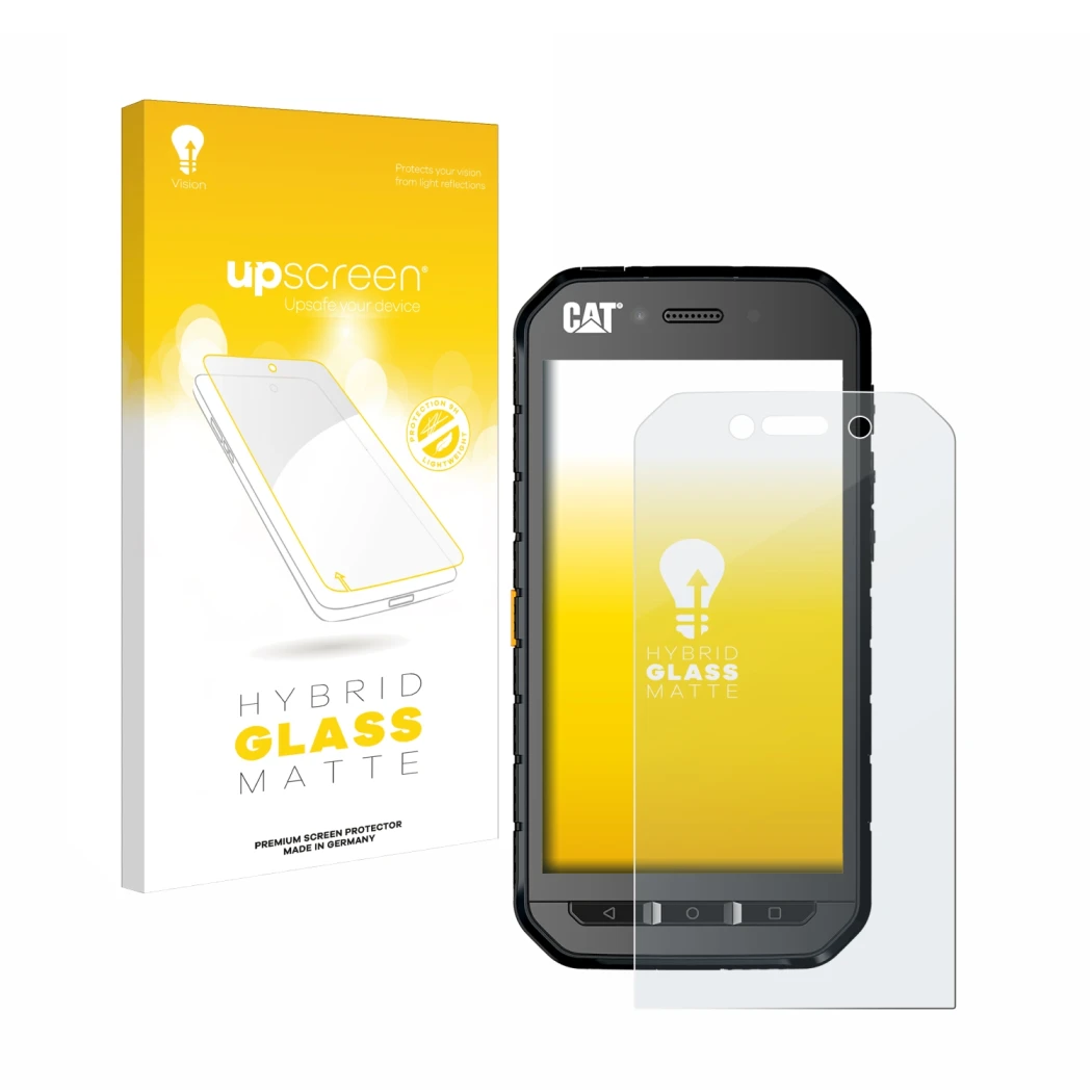 Front side of a product packaging with the brand logo upscreen. Next to it is the device Caterpillar Cat S41 shown with the co