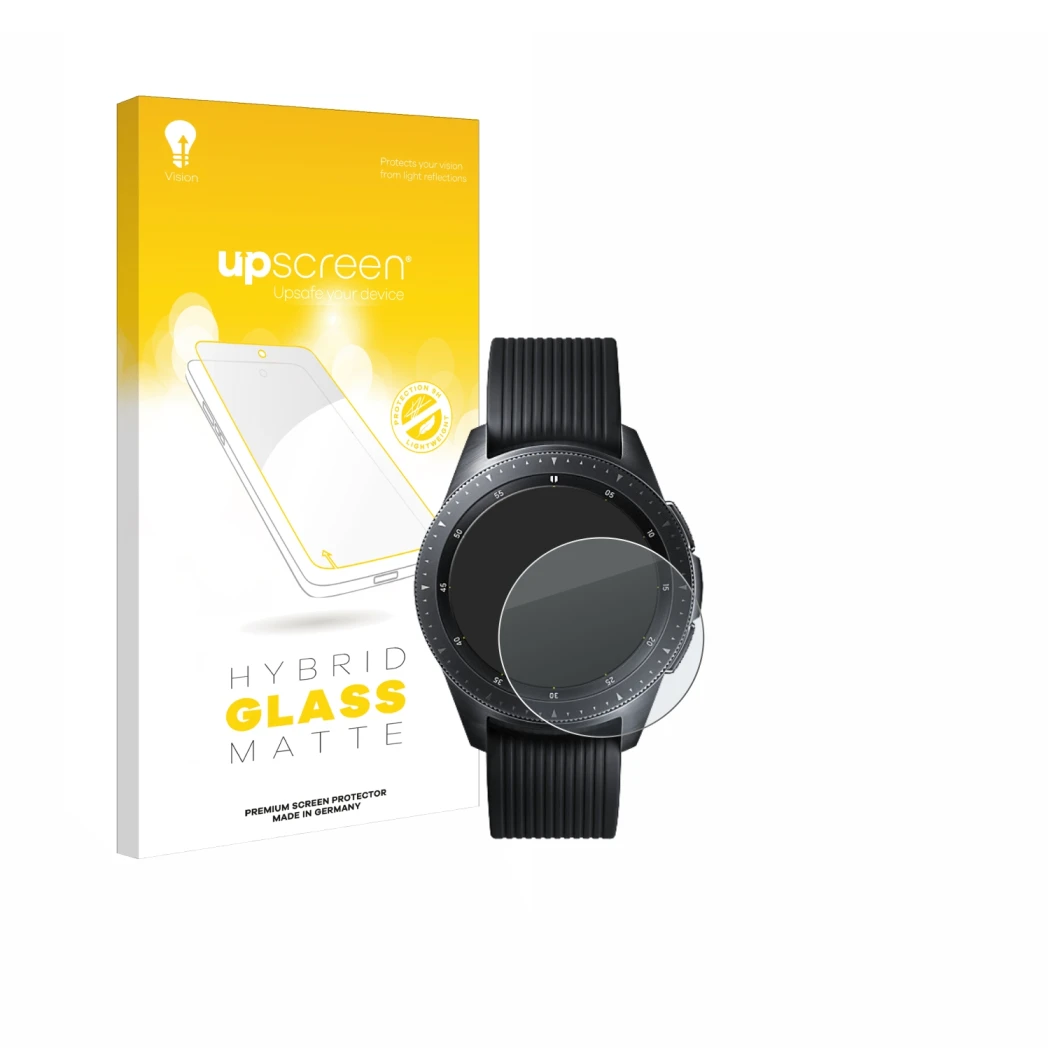 Front side of a product packaging with the brand logo upscreen. Next to it is the device Samsung Galaxy Watch (42 mm) shown wi