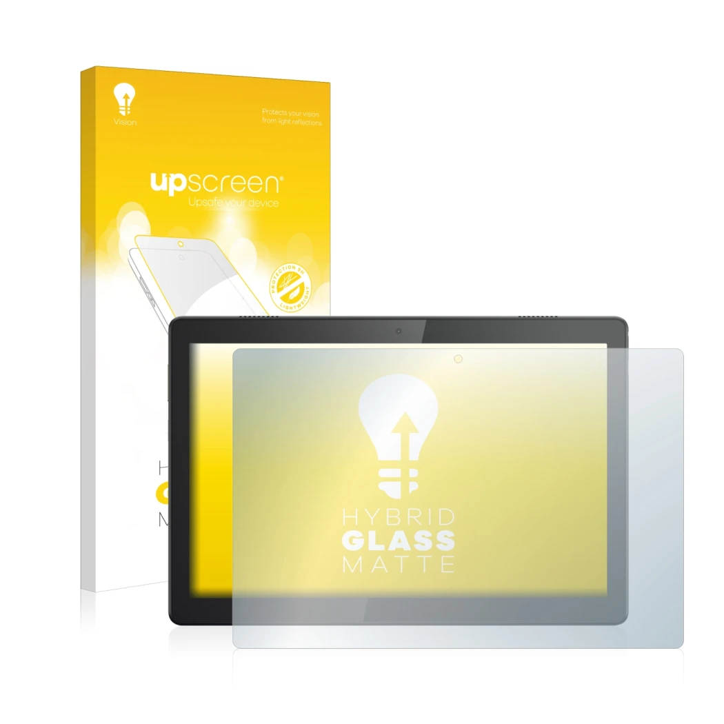 Front side of a product packaging with the brand logo upscreen. Next to it is the device Lenovo Tab M10 TB-X605F shown with th