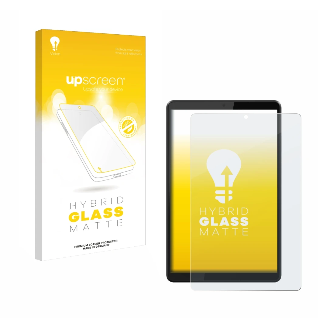 Front side of a product packaging with the brand logo upscreen. Next to it is the device Lenovo Tab M8 shown with the correspo