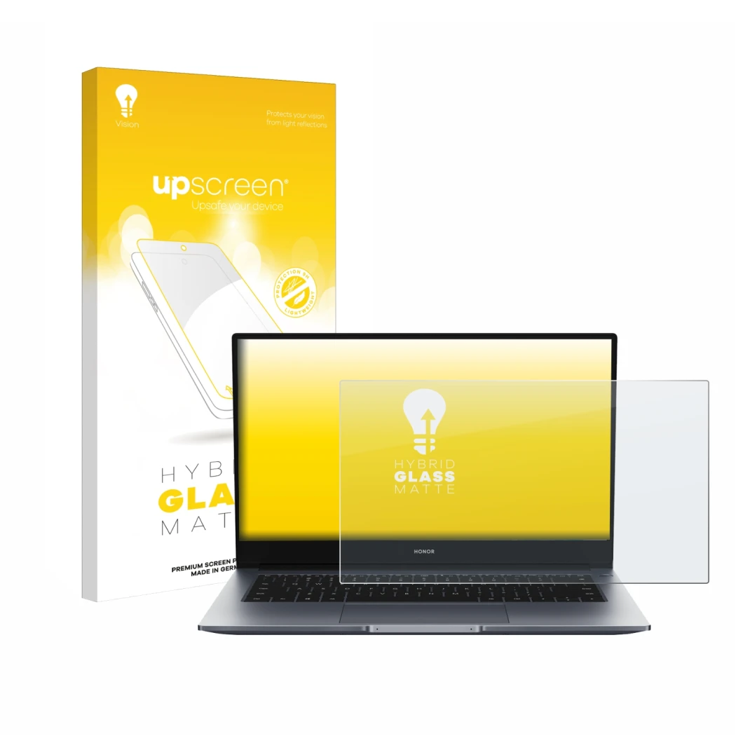 Front side of a product packaging with the brand logo upscreen. Next to it is the device Honor MagicBook 14