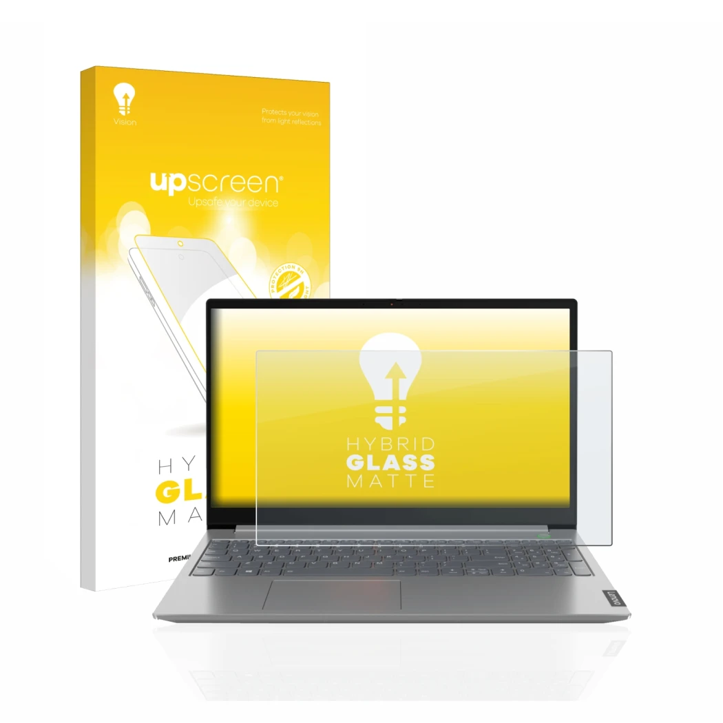 Front side of a product packaging with the brand logo upscreen. Next to it is the device Lenovo ThinkBook 14