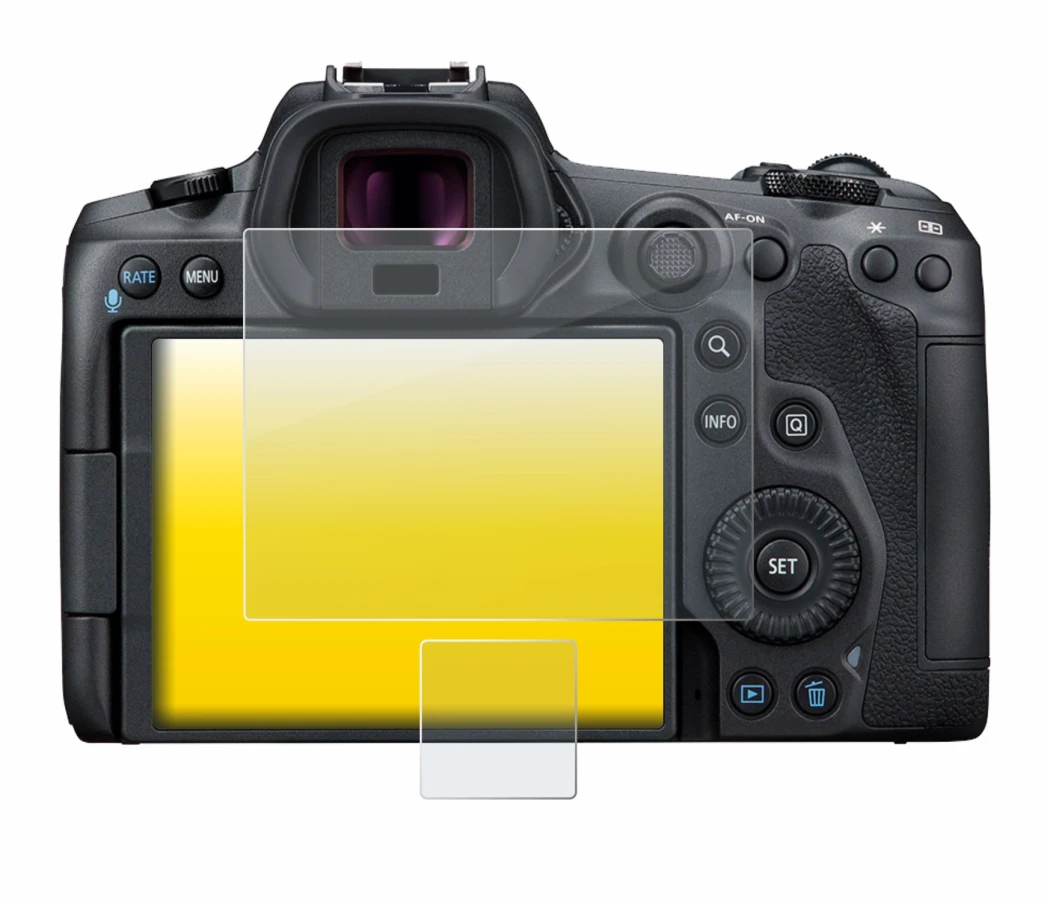 Image of the device Canon EOS R5 with a wide variety of screen protectors.