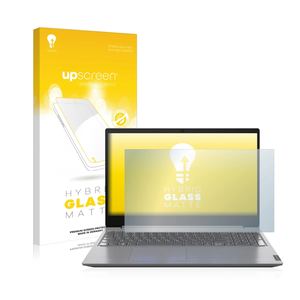 Front side of a product packaging with the brand logo upscreen. Next to it is the device Lenovo V15 15'' shown with the corres