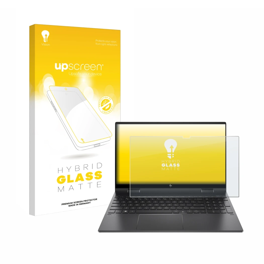 Front side of a product packaging with the brand logo upscreen. Next to it is the device HP Envy x360 (15-eX) (358 mm x 230 mm