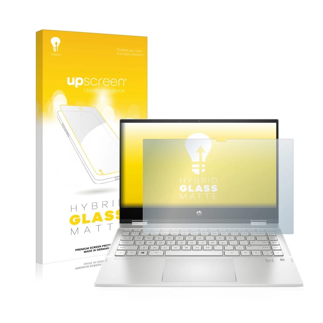 Front side of a product packaging with the brand logo upscreen. Next to it is the device HP Pavilion x360 (14-dwX) shown with 