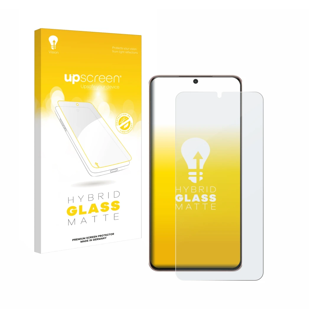 Front side of a product packaging with the brand logo upscreen. Next to it is the device Samsung Galaxy S21 Plus 5G shown with