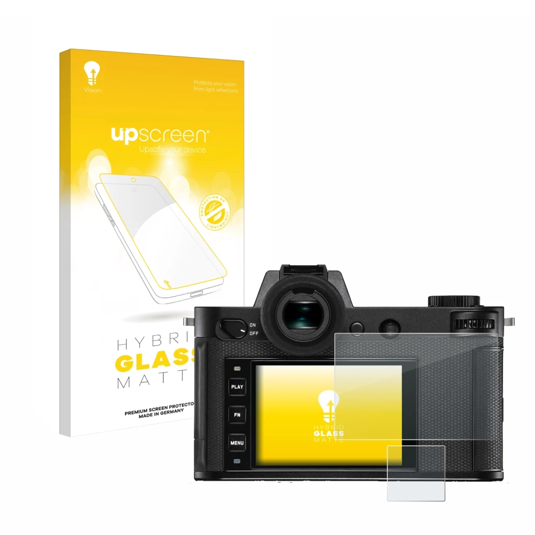 Front side of a product packaging with the brand logo upscreen. Next to it is the device Leica SL2-S shown with the correspond